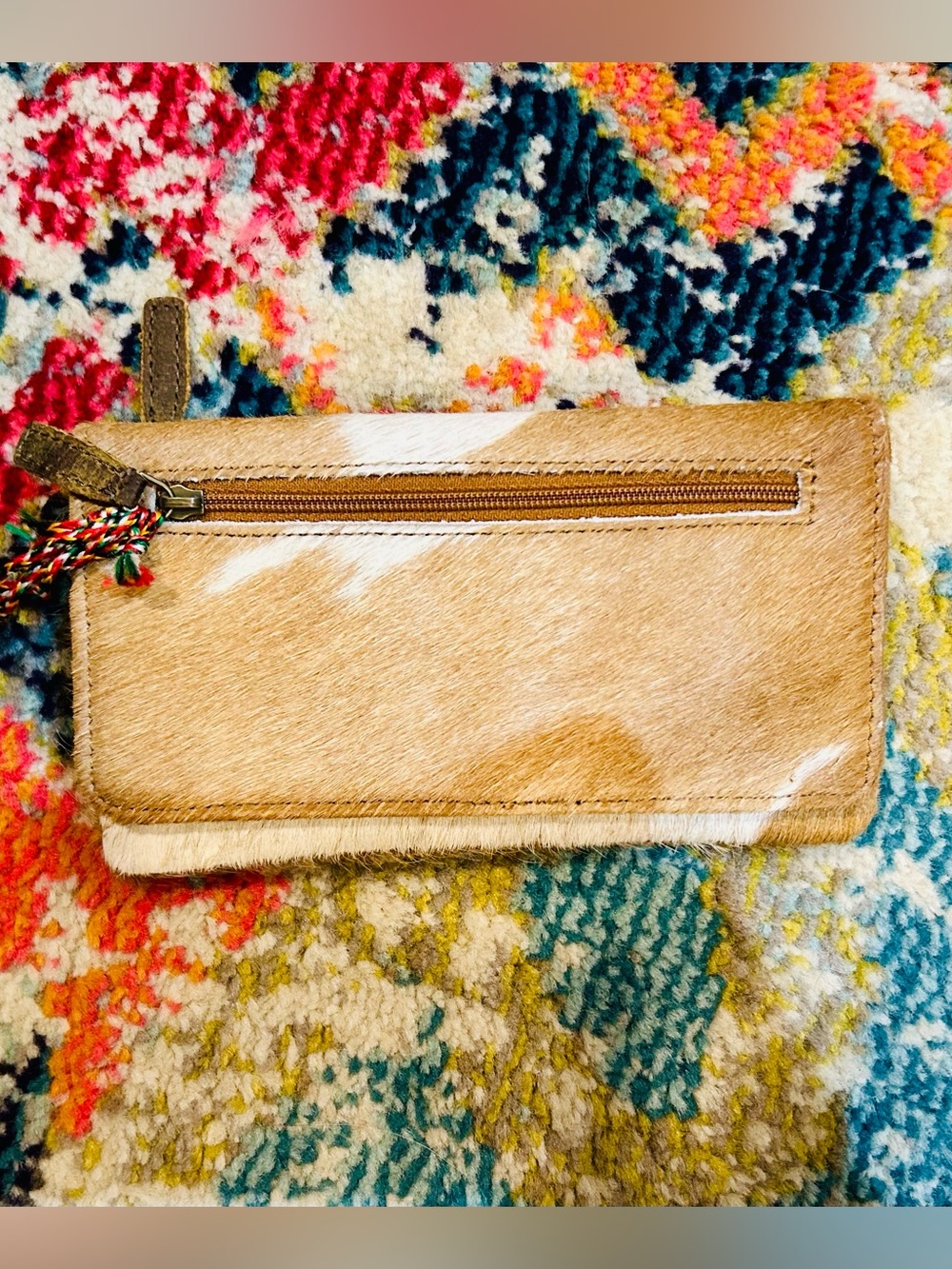 Myra Bag Tan and White Cowhide Zip Wallet with Braided Pull